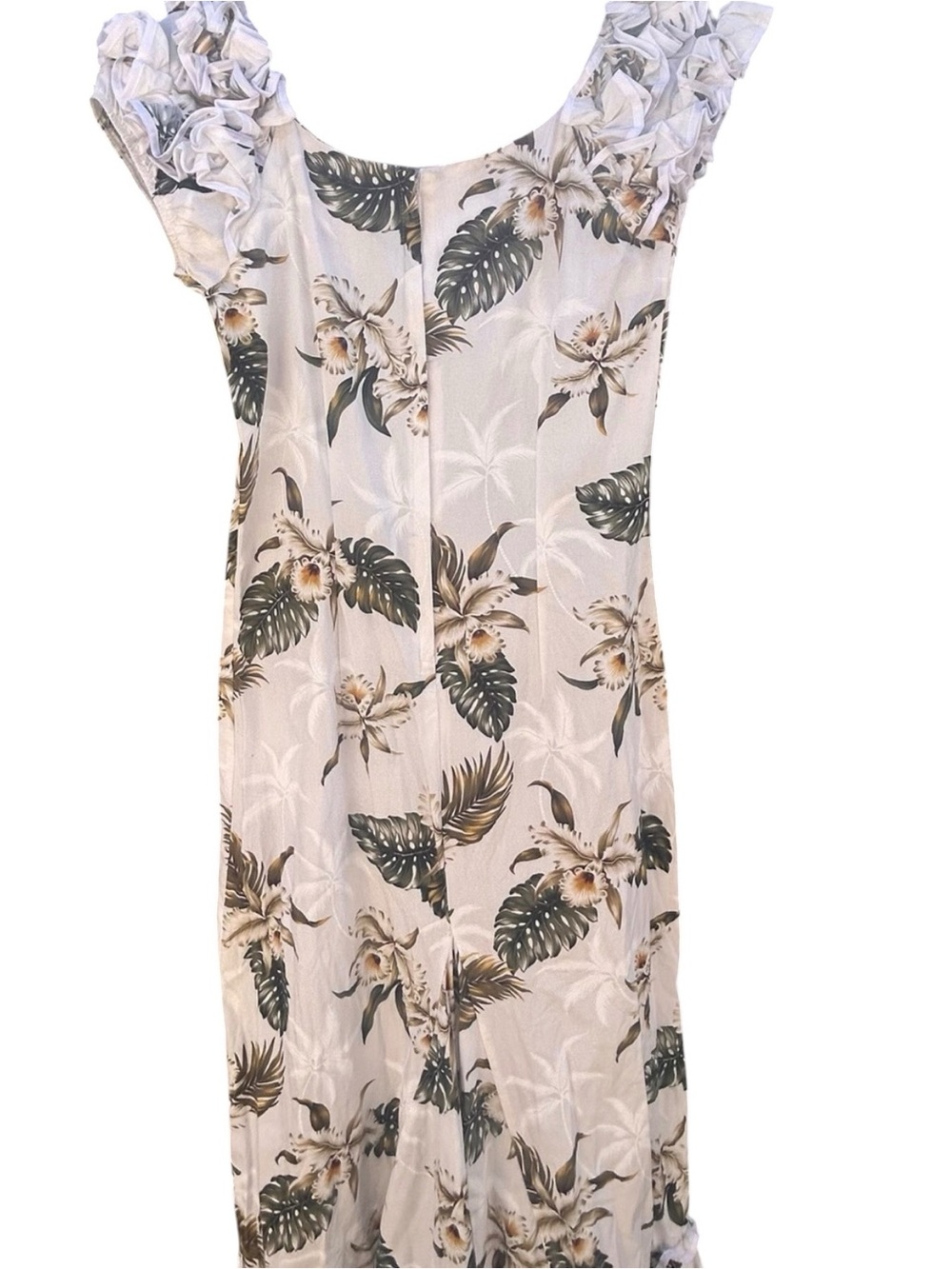 Vintage MAHALO Hawaiian Muumuu Dress White Tropical Floral Ruffle Mermaid Small - Picture 9 of 14
